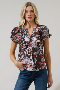 Journee Floral Jemma Ruffle Split Neck Top