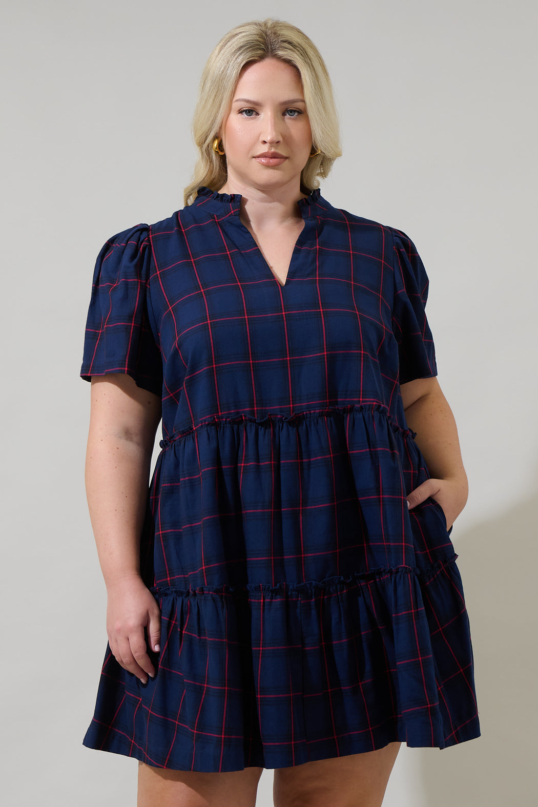 Holbrook Plaid Amelia Split Neck Babydoll Dress Curve Navy-Red / 1x by Sugarlips Holbrook Plaid Amelia Split Neck Babydoll Dress Curve Navy-Red / 1x by Sugarlips