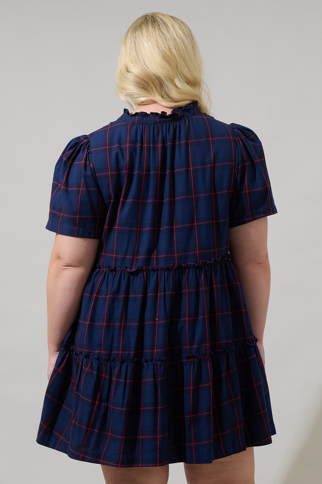 Holbrook Plaid Amelia Split Neck Babydoll Dress Curve NAVY-RED / 1X by Sugarlips Holbrook Plaid Amelia Split Neck Babydoll Dress Curve NAVY-RED / 1X by Sugarlips