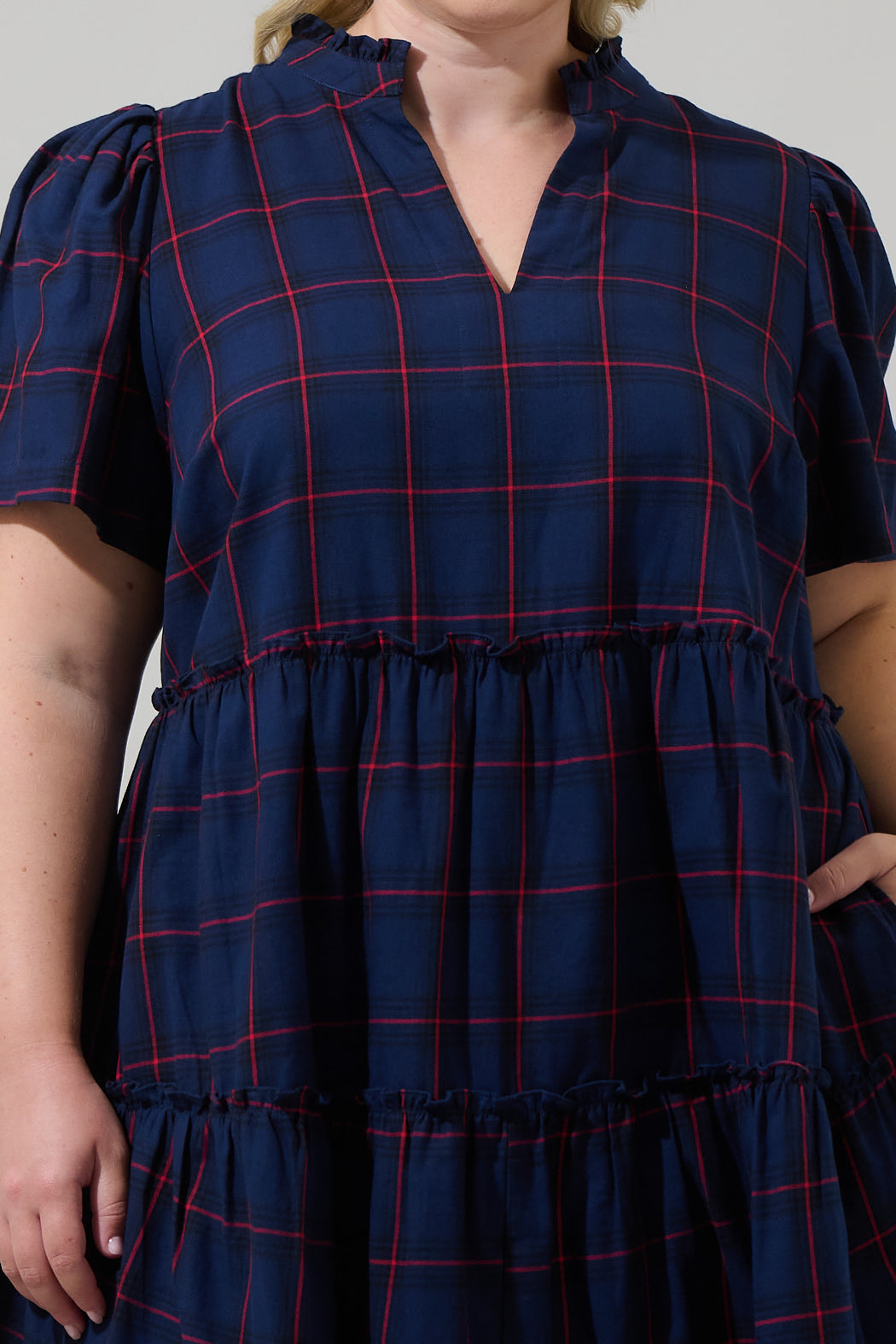 Holbrook Plaid Amelia Split Neck Babydoll Dress Curve NAVY-RED / 1X by Sugarlips Holbrook Plaid Amelia Split Neck Babydoll Dress Curve NAVY-RED / 1X by Sugarlips