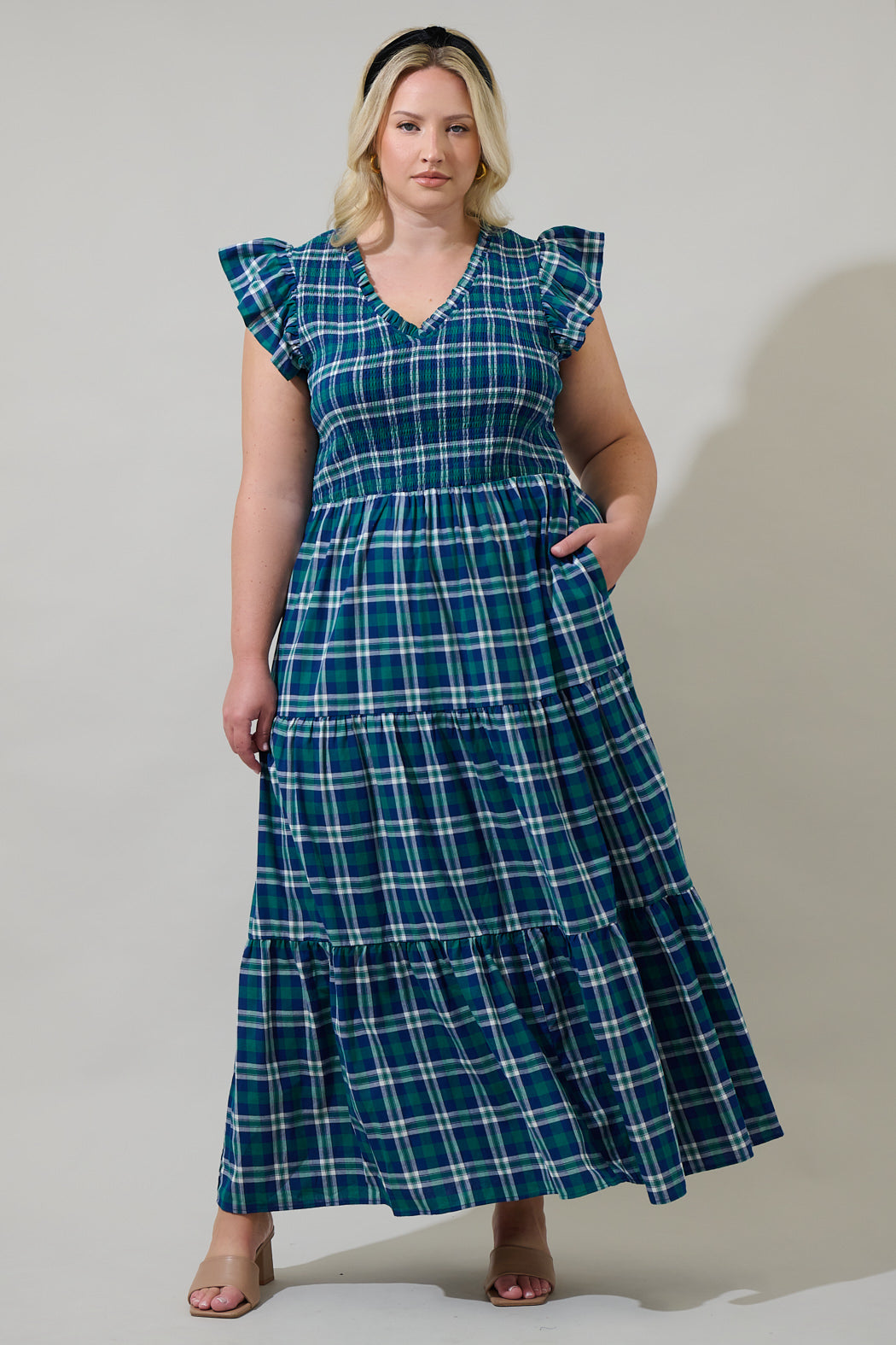 slim fit dress slacks The Fenton Plaid Midi Dress in Navy + Green X-Small main image 0