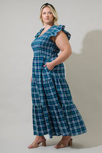 Buckley Plaid Sunfire Smocked Bodice Tiered Midi Dress Curve