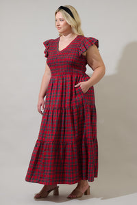 Arvada Plaid Sunfire Smocked Bodice Tiered Midi Dress Curve