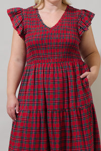 Arvada Plaid Sunfire Smocked Bodice Tiered Midi Dress Curve