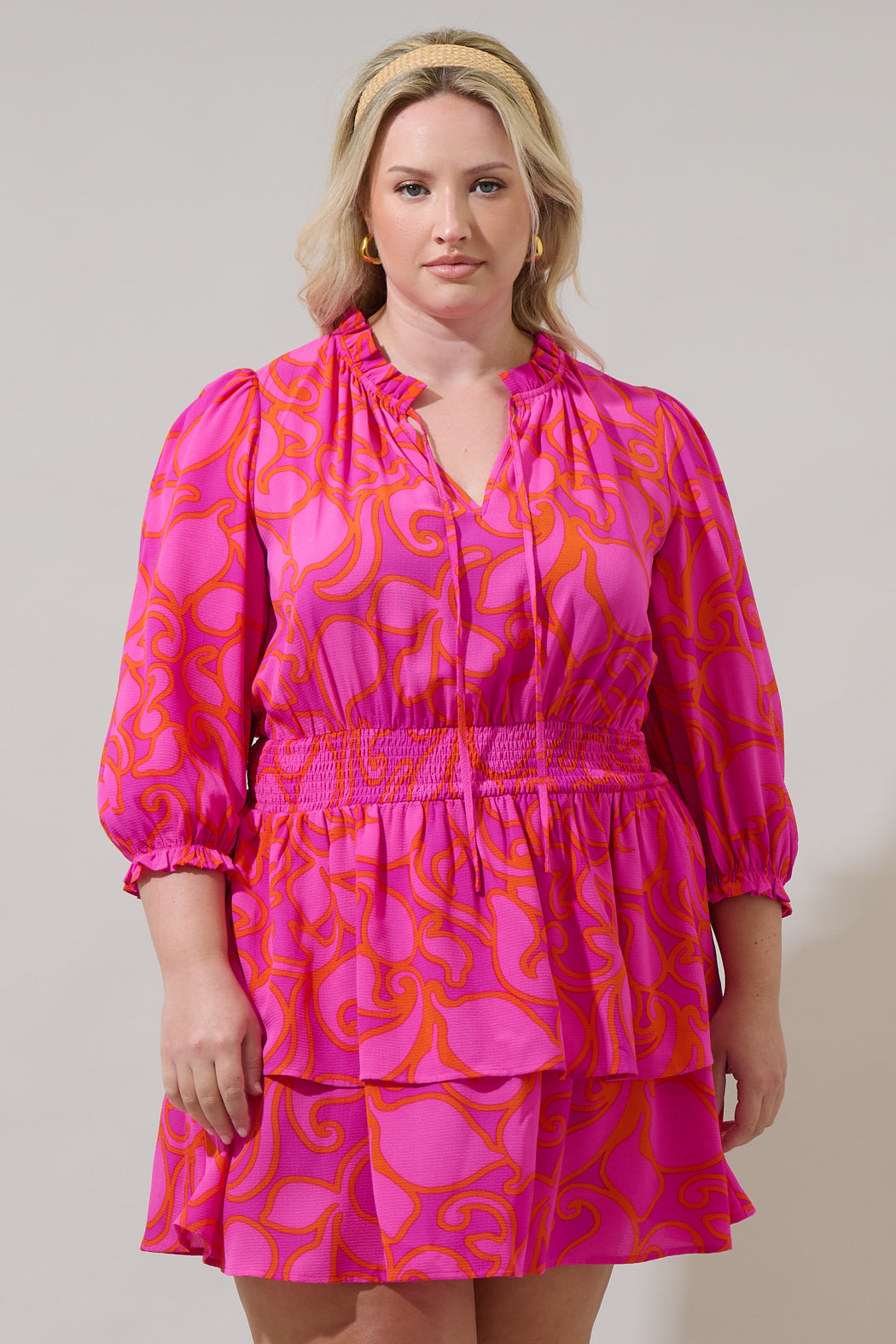 inara mini dress Inara Floral Starla Smocked Tiered Mini Dress Curve MAGENTA-MUL / 2X by Sugarlips