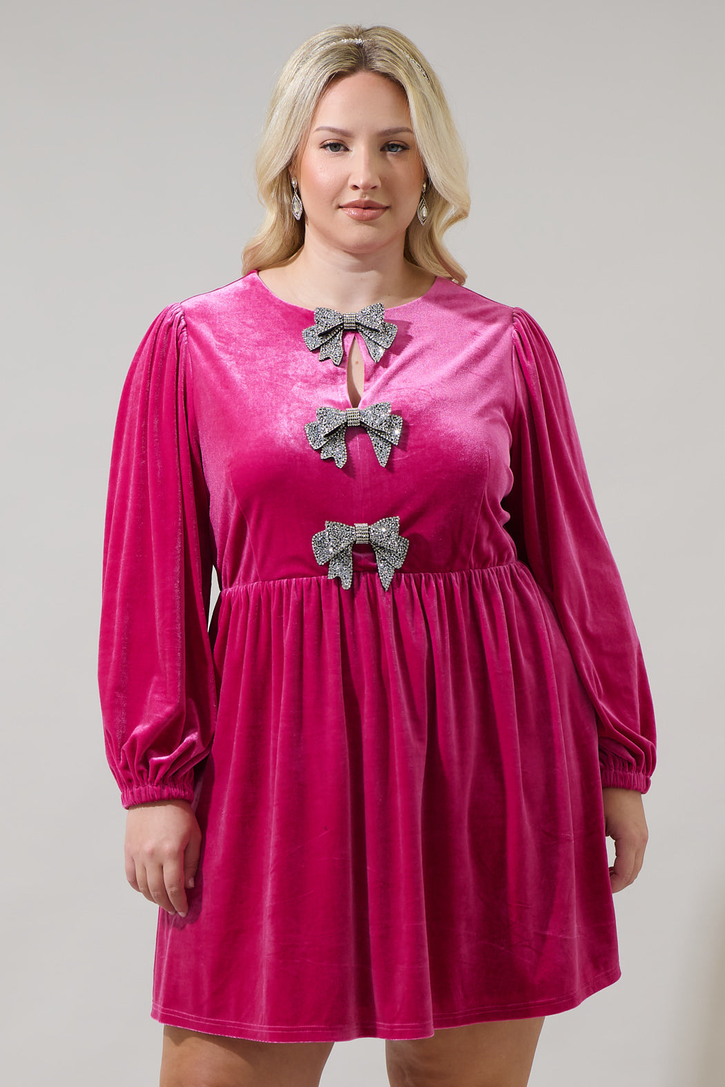 sugarlips glow bow velvet crew neck long sleeve mini dress Sugarlips Plus Size Long Sleeve Bow Velvet Mini Dress, Womens, 2X, Red