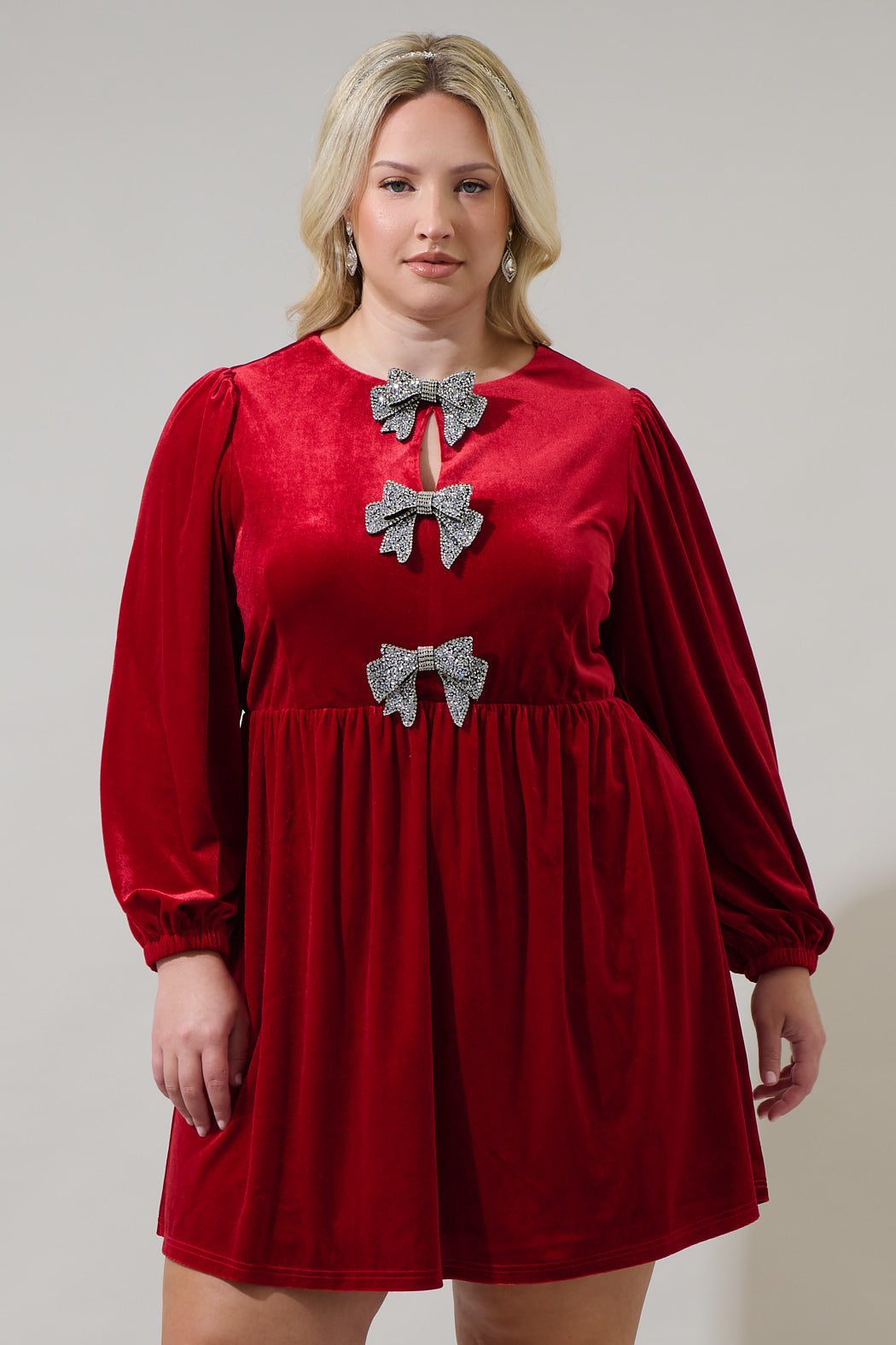 Sugarlips Plus Long Sleeve Bow Velvet Mini Dress, Womens, 2X, Red Sugarlips Plus Long Sleeve Bow Velvet Mini Dress, Womens, 2X, Red