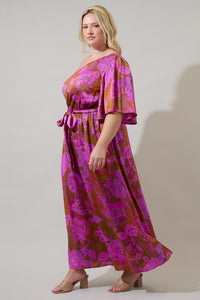 Lorian Floral Meara One Shoulder Satin Maxi Dress Curve