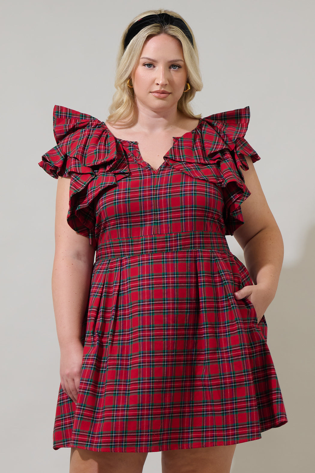 Arvada Plaid Wilma Ruffle Mini Dress Curve RED-MULTI / 3X by Sugarlips Arvada Plaid Wilma Ruffle Mini Dress Curve RED-MULTI / 3X by Sugarlips