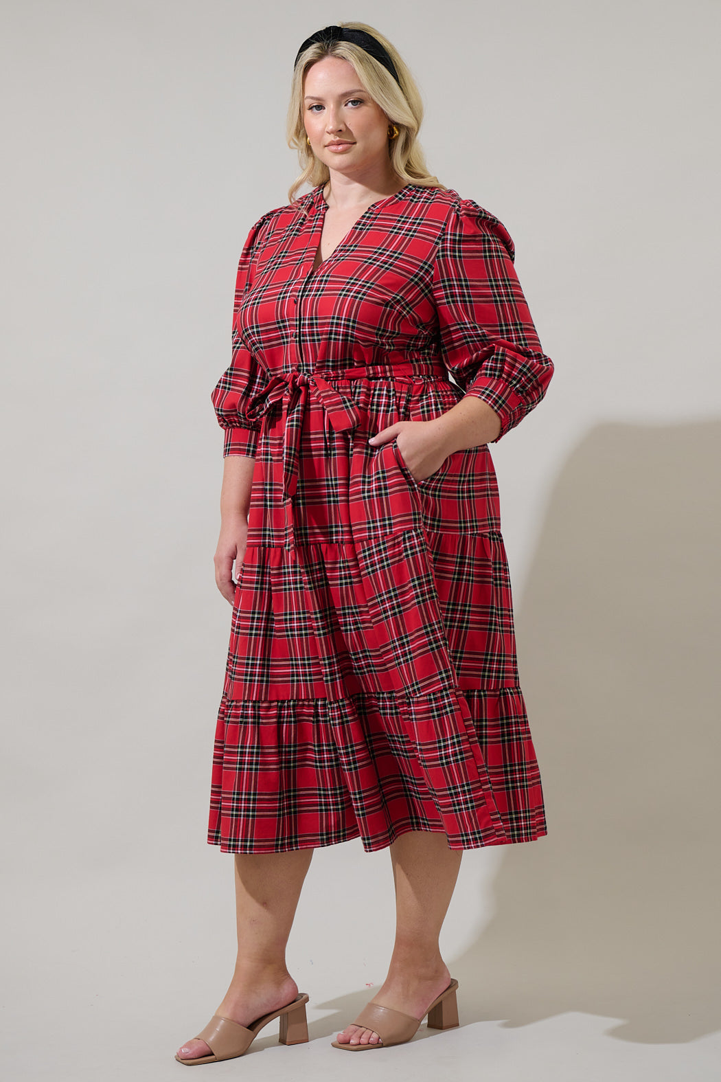 Boswell Tartan Plaid Yanis Button Up Midi Dress Curve RED-MULTI / 2X by Sugarlips Boswell Tartan Plaid Yanis Button Up Midi Dress Curve RED-MULTI / 2X by Sugarlips