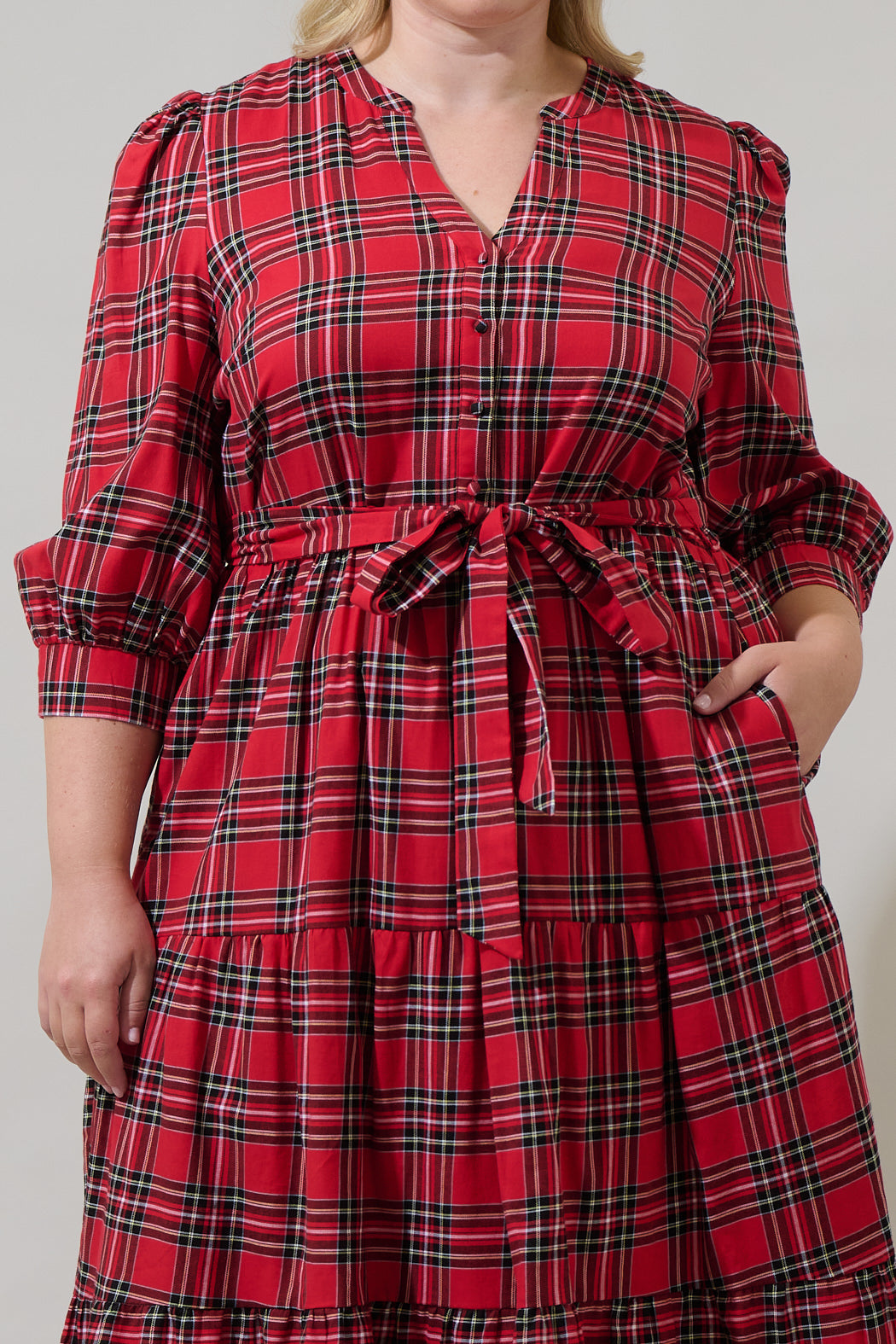 Boswell Tartan Plaid Yanis Button Up Midi Dress Curve RED-MULTI / 2X by Sugarlips Boswell Tartan Plaid Yanis Button Up Midi Dress Curve RED-MULTI / 2X by Sugarlips