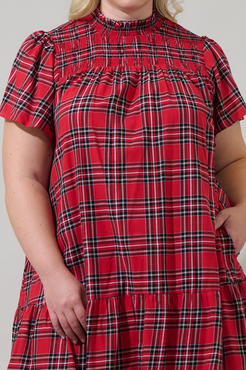 Boswell Tartan Plaid Yare Short Sleeve Mini Dress Curve RED-MULTI / 2X by Sugarlips Boswell Tartan Plaid Yare Short Sleeve Mini Dress Curve RED-MULTI / 2X by Sugarlips