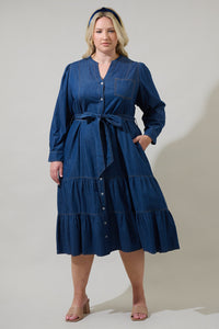 Skylah Denim Tiered Midi Dress Curve