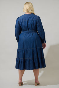 Skylah Denim Tiered Midi Dress Curve