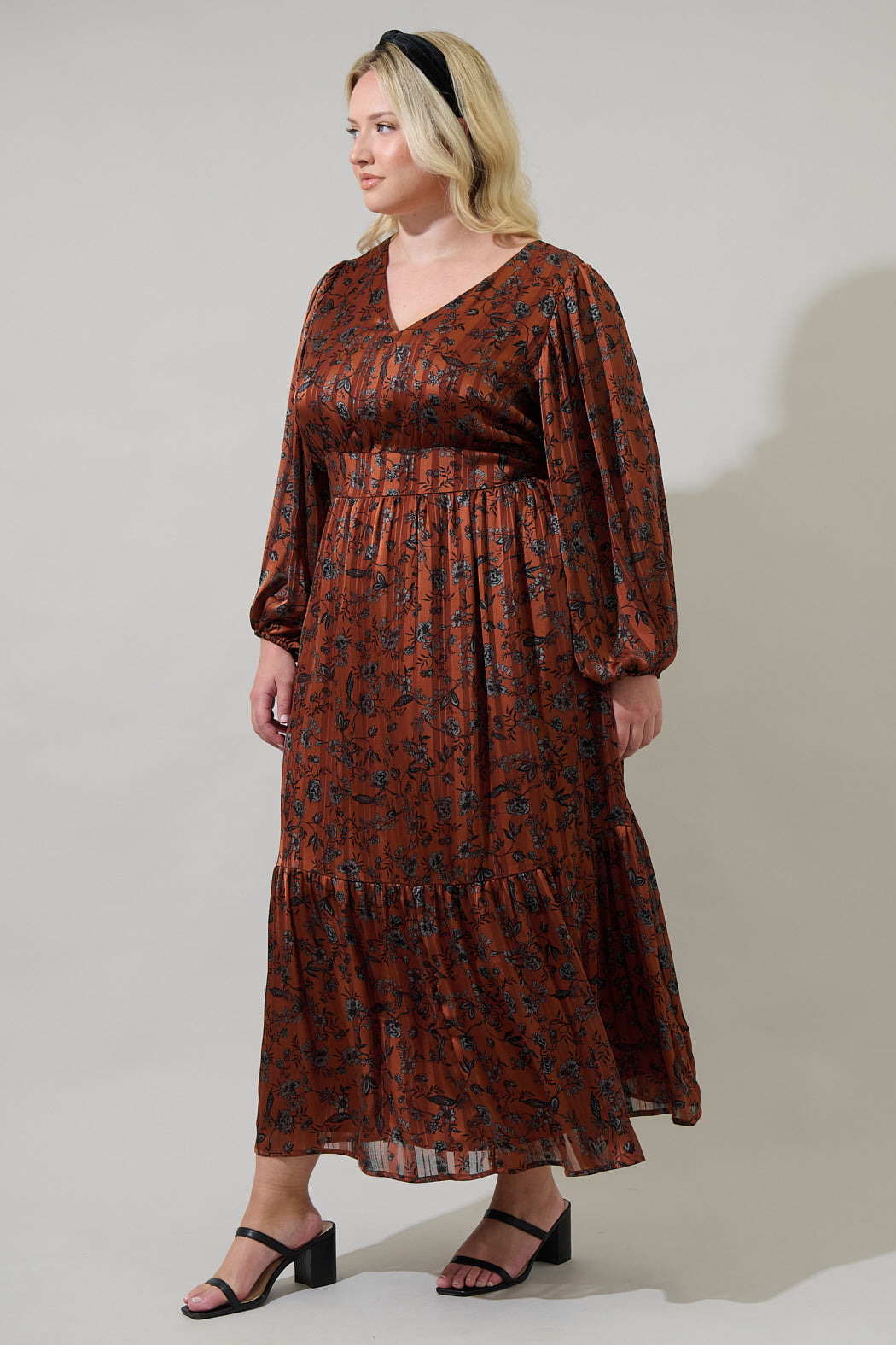 Sugarlips Plus Leoben Floral Balloon Sleeve Long Dress, Womens, 3X, Brown/Black Sugarlips Plus Leoben Floral Balloon Sleeve Long Dress, Womens, 3X, Brown/Black