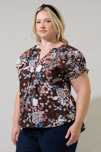 Journee Floral Jemma Ruffle Split Neck Top Curve