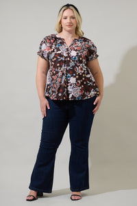 Journee Floral Jemma Ruffle Split Neck Top Curve