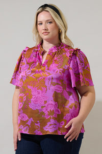 Lorian Floral Mei Split Neck Satin Top Curve