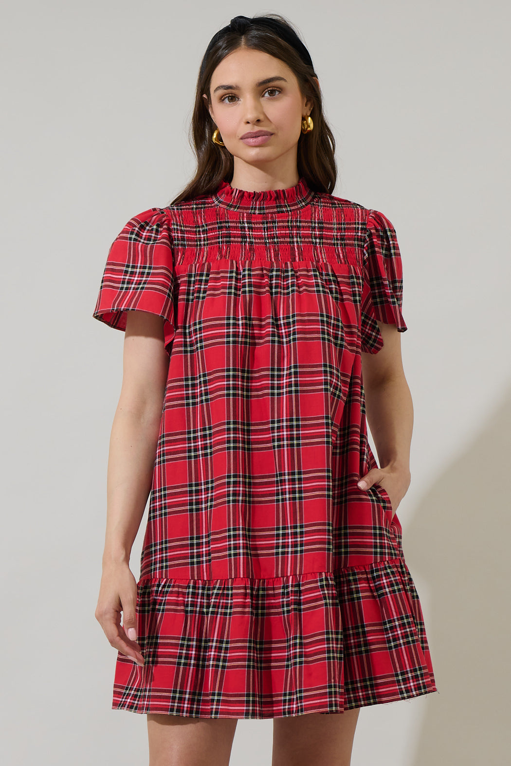 Boswell Tartan Plaid Yare Short Sleeve Mini Dress RED-MULTI / M by Sugarlips Boswell Tartan Plaid Yare Short Sleeve Mini Dress RED-MULTI / M by Sugarlips