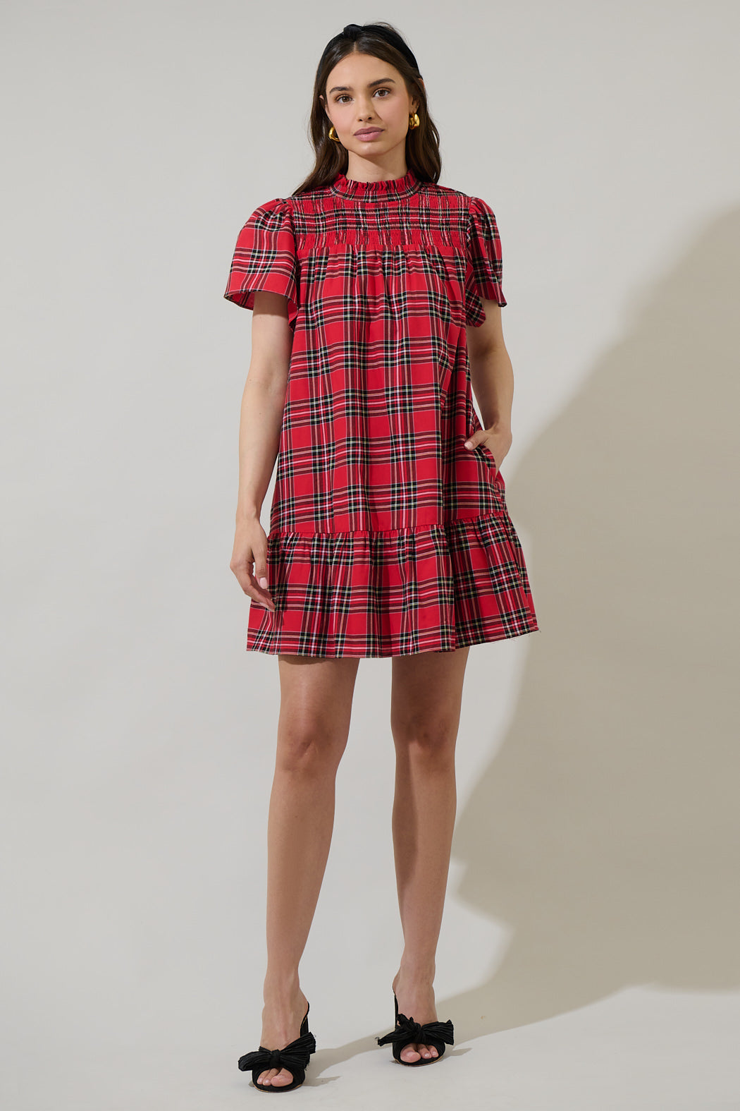 Boswell Tartan Plaid Yare Short Sleeve Mini Dress RED-MULTI / M by Sugarlips Boswell Tartan Plaid Yare Short Sleeve Mini Dress RED-MULTI / M by Sugarlips