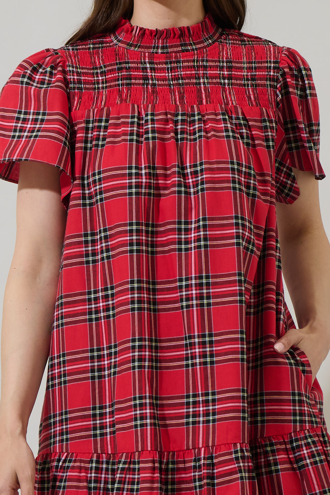 Boswell Tartan Plaid Yare Short Sleeve Mini Dress RED-MULTI / M by Sugarlips Boswell Tartan Plaid Yare Short Sleeve Mini Dress RED-MULTI / M by Sugarlips