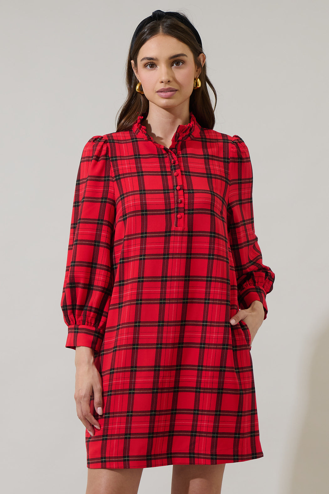 plaid shift mini dress Green Plaid Print Frilly Collar Long Sleeve Shift Mini Dress