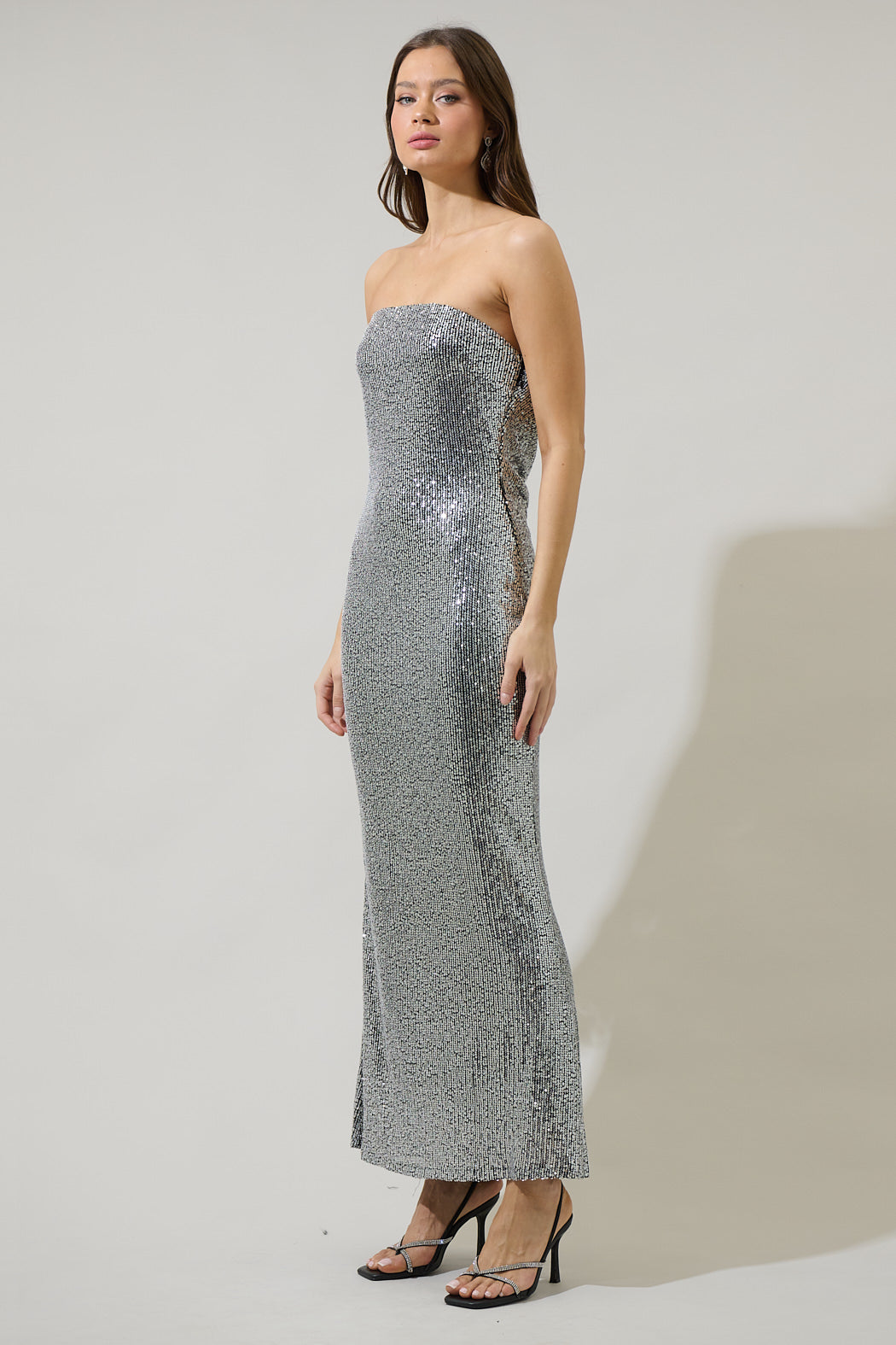 dynamite grey dress Willard Sequin Dynamite Strapless Maxi Dress SILVER / M by Sugarlips