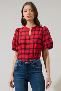 Woodland Red Plaid Split Neck Blouse