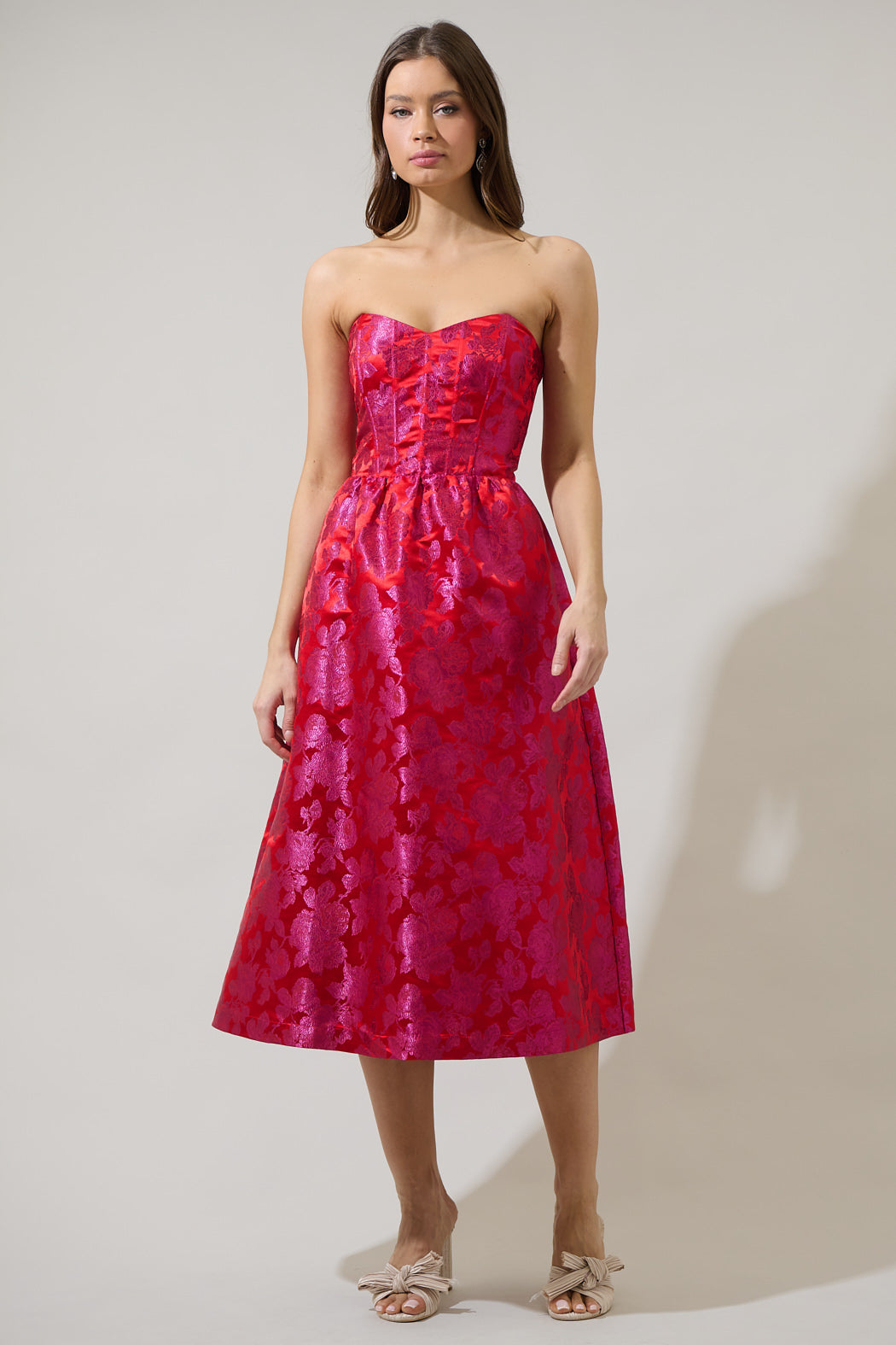 strapless midi dress casual Duson Jacquard Bustier Strapless Midi Dress PINK-RED / XS by Sugarlips