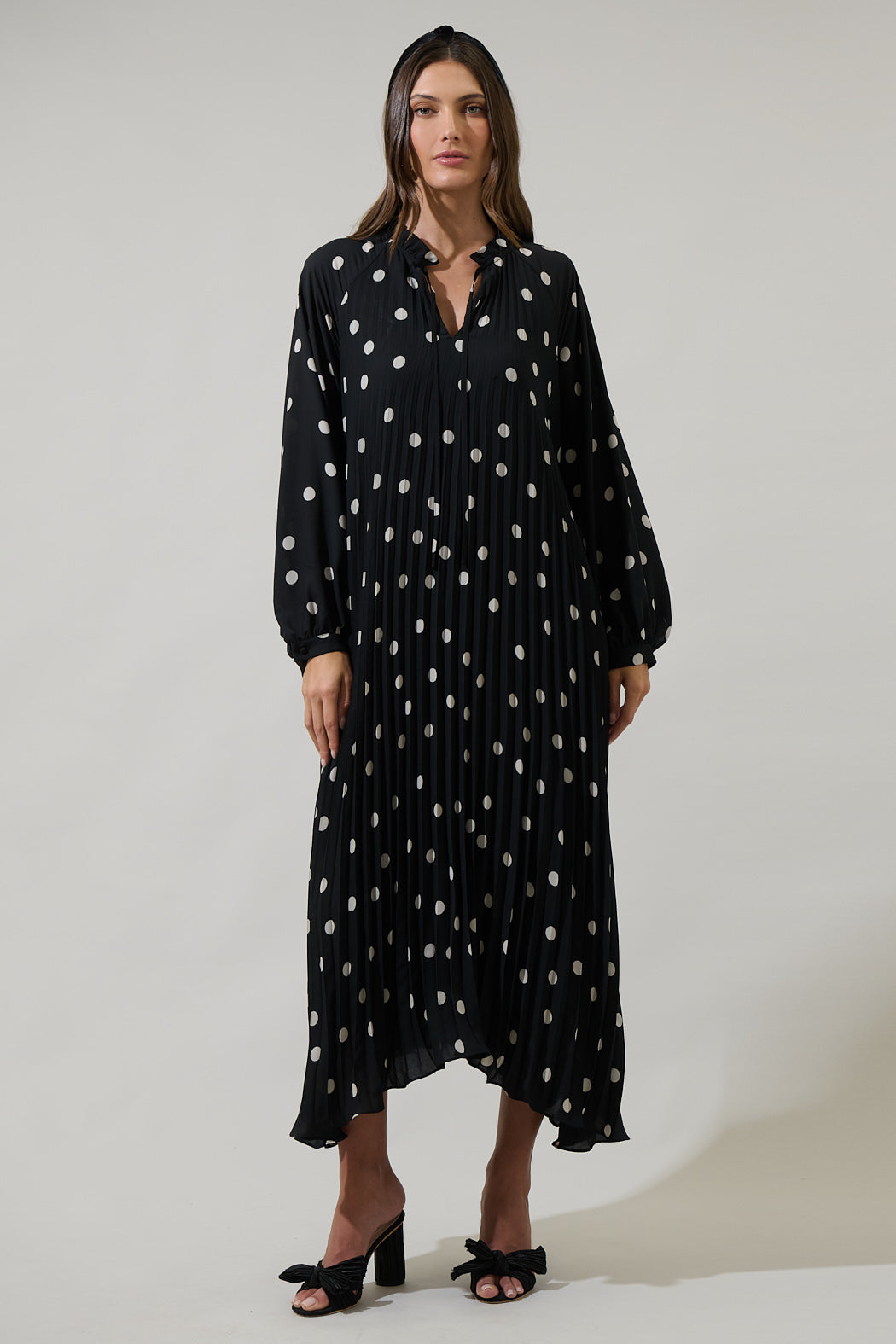 Kaline Polka Dot Marisa Pleated Midi Dress IVORY-BLACK-DOT / S by Sugarlips Kaline Polka Dot Marisa Pleated Midi Dress IVORY-BLACK-DOT / S by Sugarlips