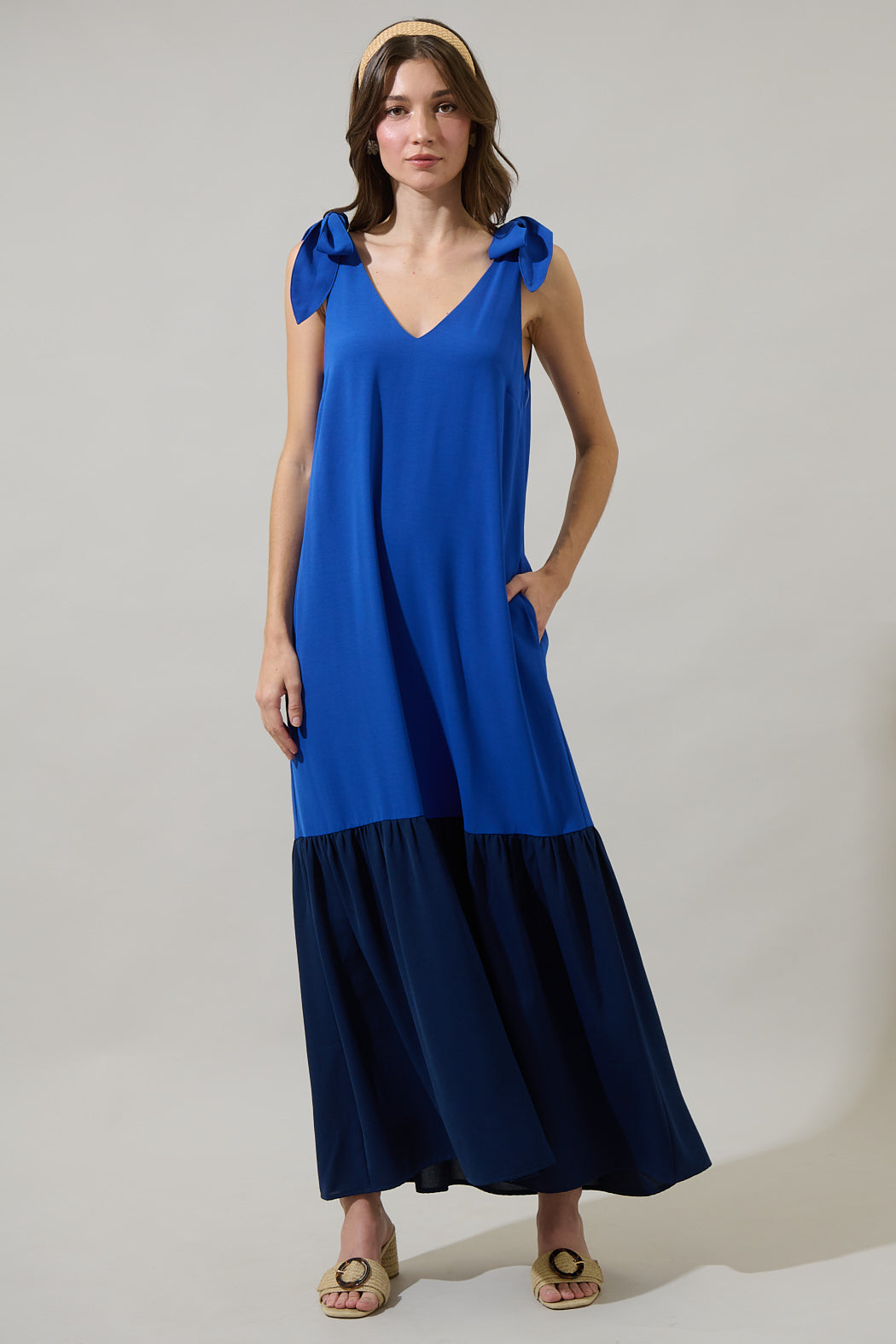 Merideth Tie Shoulder Drop Waist Maxi Dress BLUE-MULTI / S by Sugarlips Merideth Tie Shoulder Drop Waist Maxi Dress BLUE-MULTI / S by Sugarlips