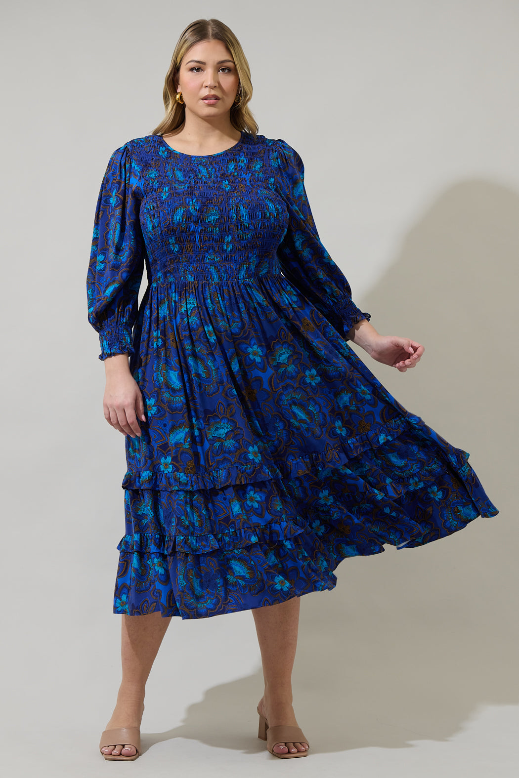 SUGARLIPS Women's Bluford Smocked Long Sleeve Midi Dress - Blue - Casual dresses SUGARLIPS Women's Bluford Smocked Long Sleeve Midi Dress - Blue - Casual dresses