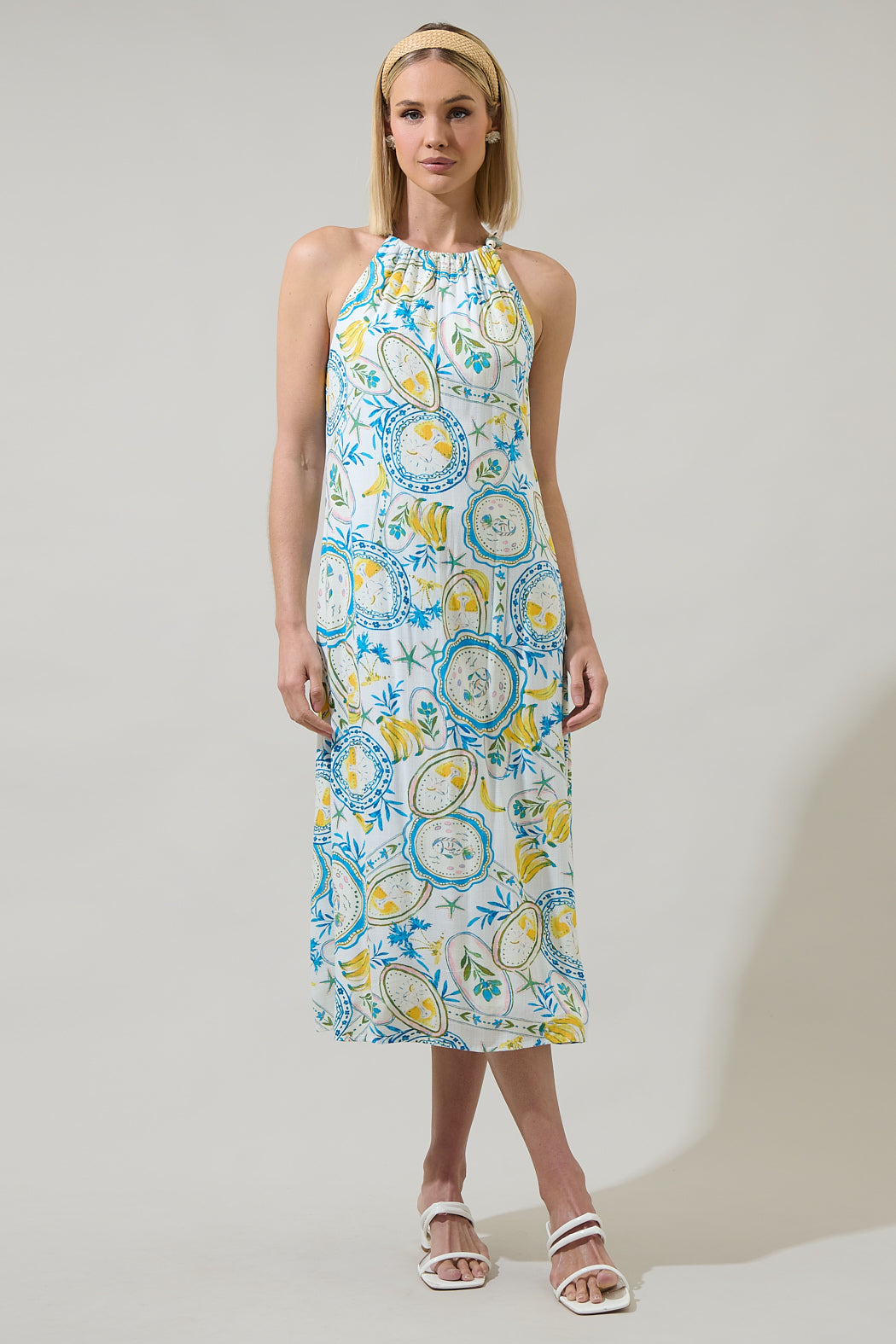 Harvest Island Brisia Halter Midi Dress WHT-BLUE-YELL / L by Sugarlips Harvest Island Brisia Halter Midi Dress WHT-BLUE-YELL / L by Sugarlips