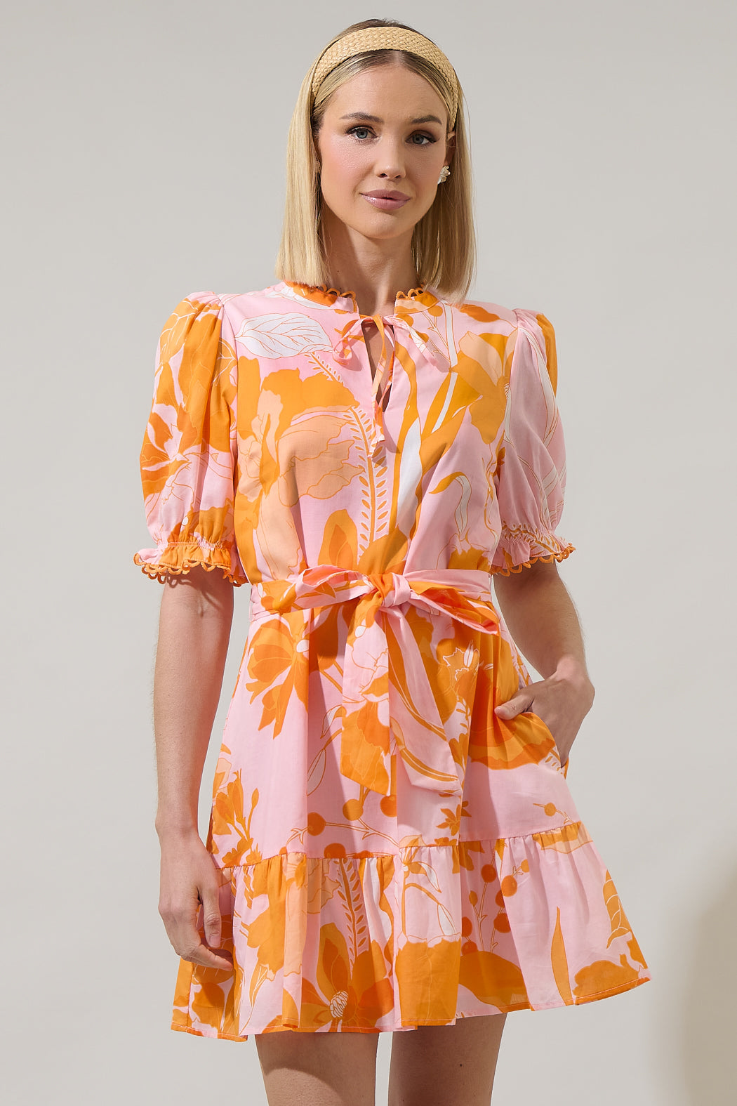 orange floral dresses Lenira Floral Negin Split Neck Mini Dress PINK-ORANGE / S by Sugarlips