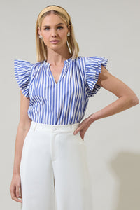 Brandy Striped Risette Ruffle Split Neck Top