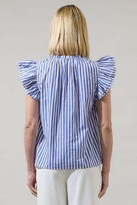 Brandy Striped Risette Ruffle Split Neck Top