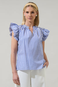 Brandy Striped Risette Ruffle Split Neck Top