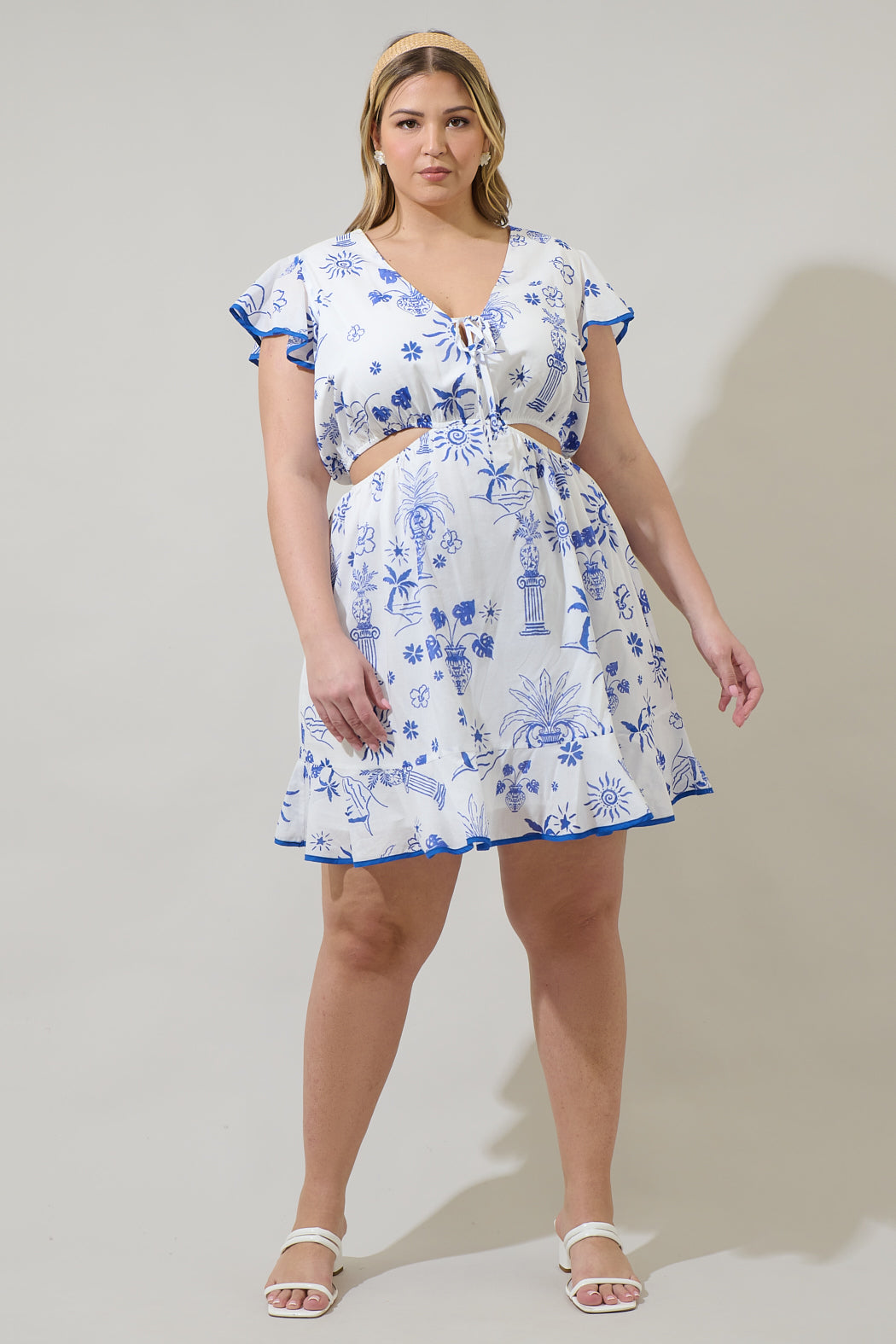 Alvina Tropics Cely Cut Out Mini Dress Curve Blue-Wht / 1x by Sugarlips