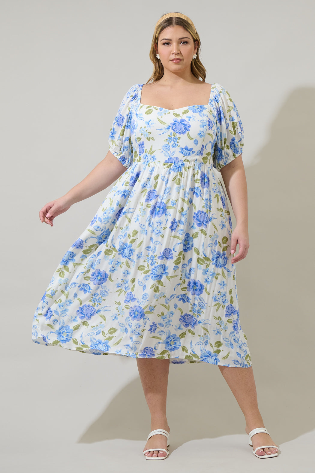 Milla Floral Alessi Puff Sleeve Midi Dress Curve WHITE-BLUE-GREEN / 2X by Sugarlips Milla Floral Alessi Puff Sleeve Midi Dress Curve WHITE-BLUE-GREEN / 2X by Sugarlips