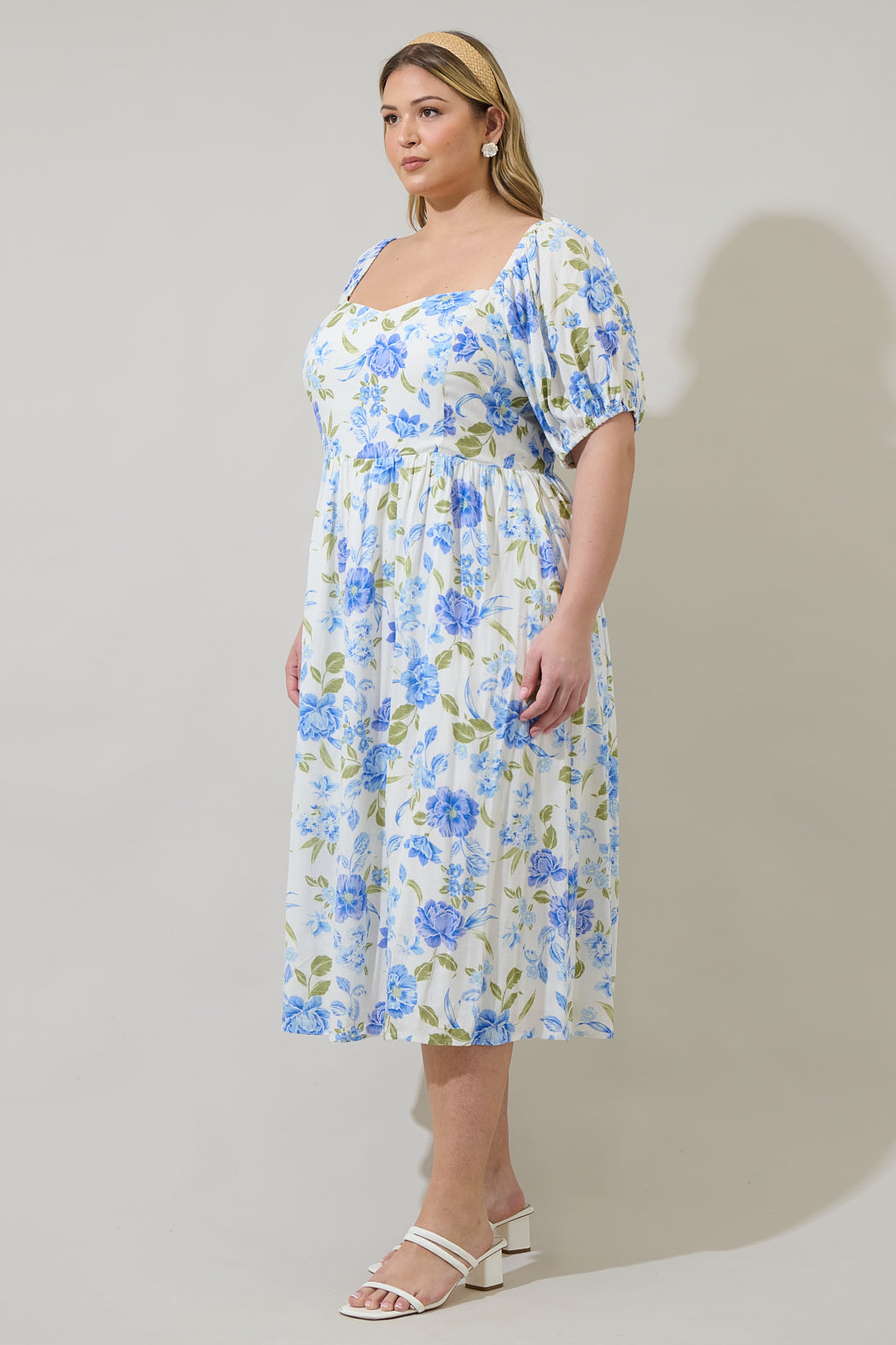 Milla Floral Alessi Puff Sleeve Midi Dress Curve WHITE-BLUE-GREEN / 1X by Sugarlips Milla Floral Alessi Puff Sleeve Midi Dress Curve WHITE-BLUE-GREEN / 1X by Sugarlips