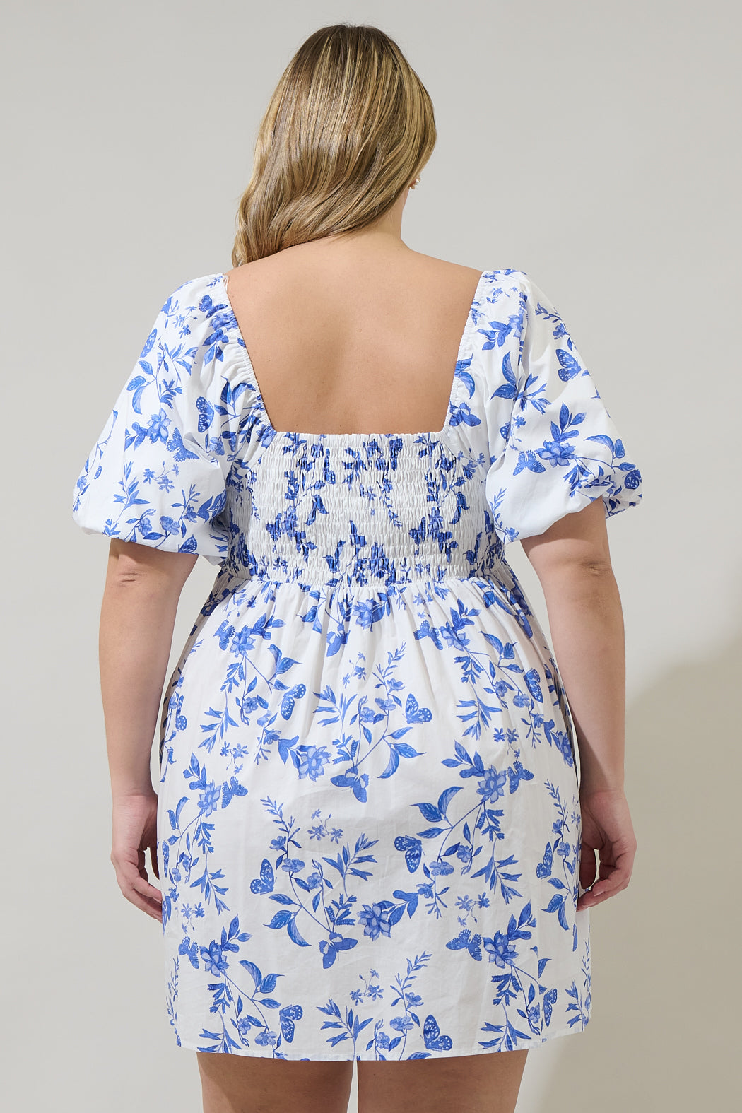 floral pleated dress Leya Floral Pleated Mini Dress Curve WHITE-BLUE-MUL / 2X by Sugarlips
