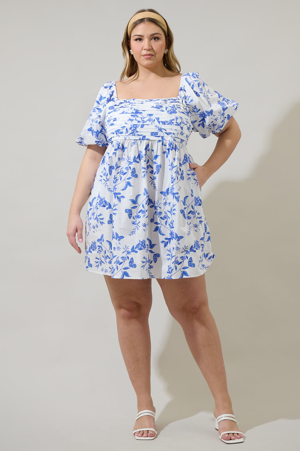 plus size pleated mini dress Forget-Me-Not Plus-Size Puff Sleeve Pleated Mini Dress 3X