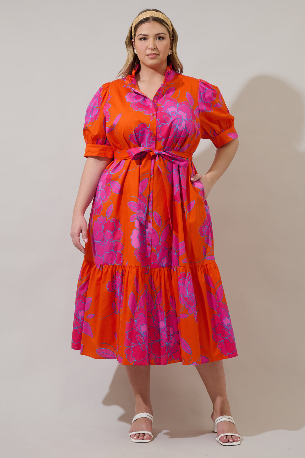 plus size pink and orange dress Flounce London Plus flutter sleeve maxi dress with plunge front in ombre pink and orange