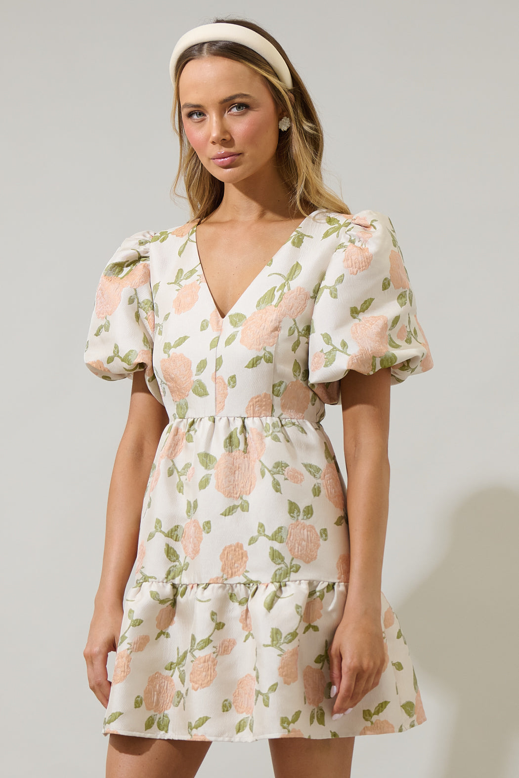 jacquard floral mini dress Women's Floral Jacquard Puff Sleeve Mini Dress, Yellow