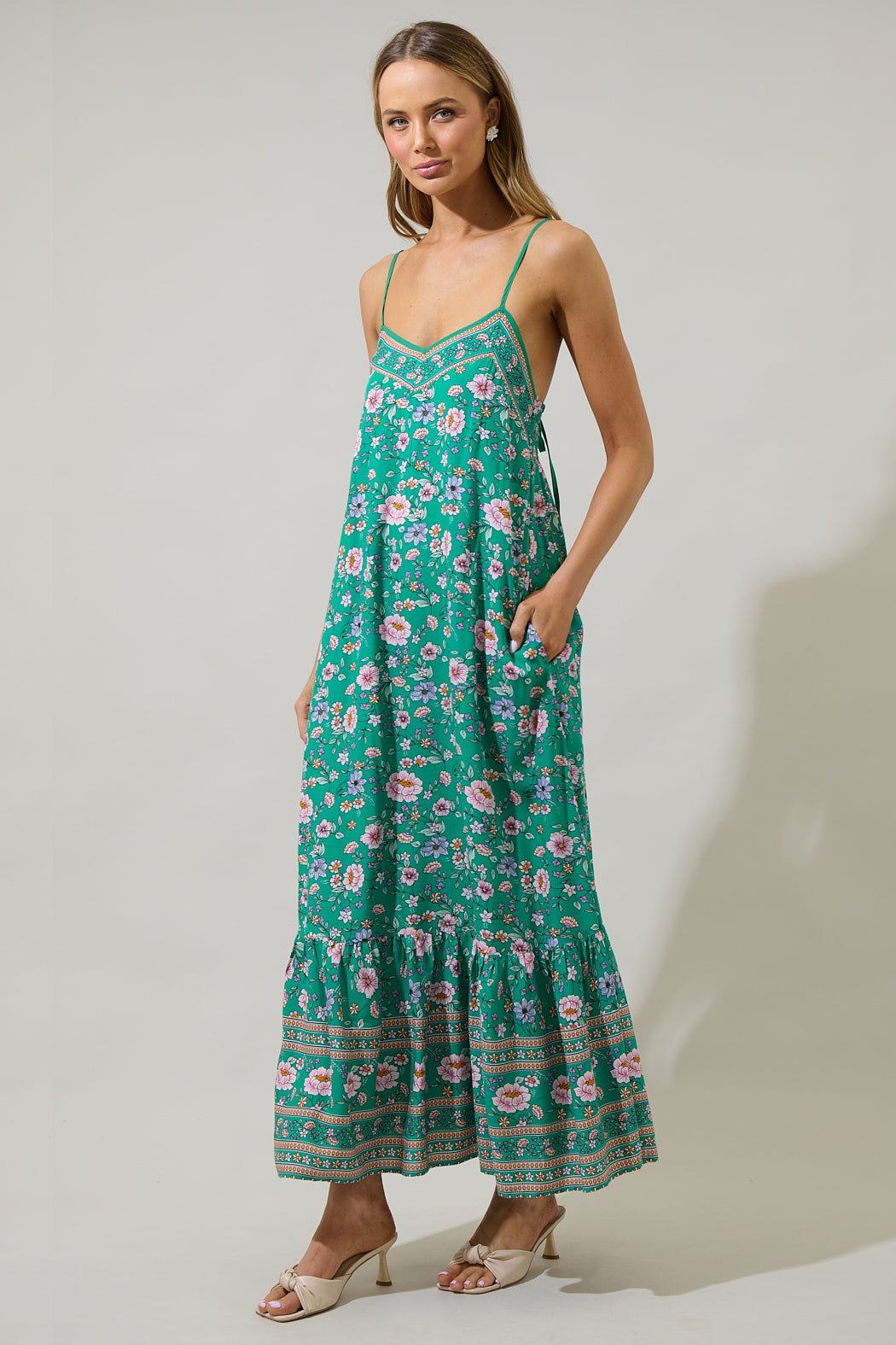 tie back maxi dress Tali Floral Valle Tie Back Maxi Dress GREEN-MULTI / L by Sugarlips