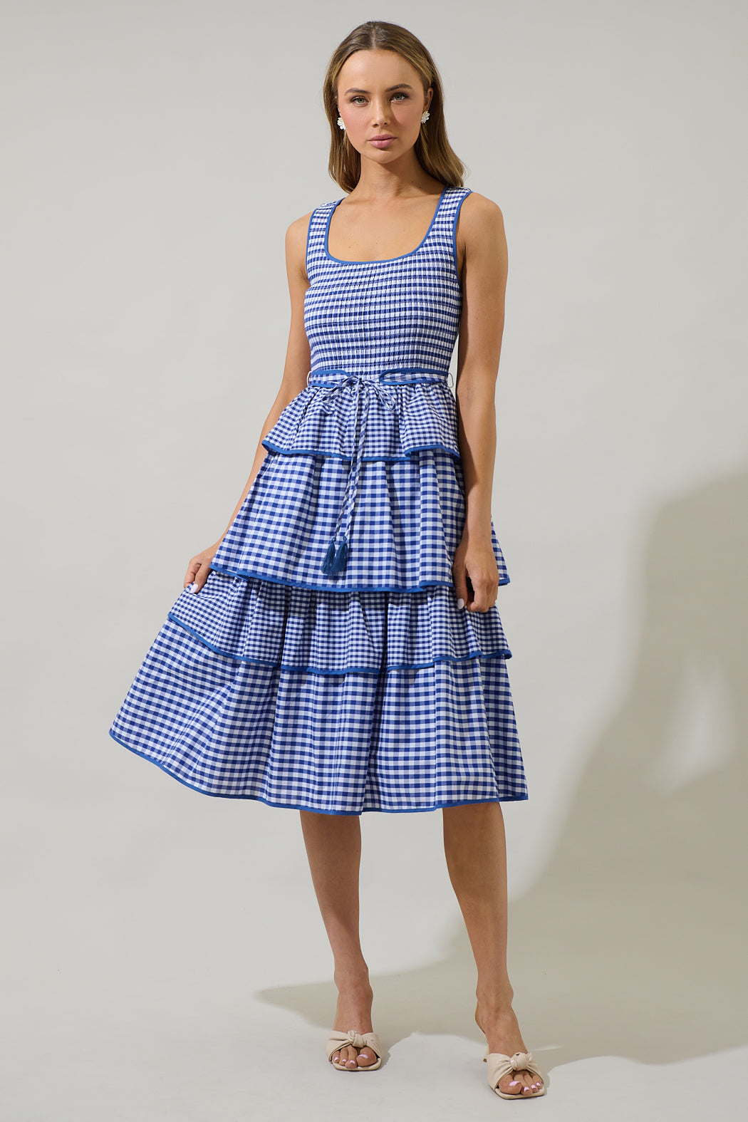 Sugarlips Vanna Checker Sally Scoop Neck Gingham Print Smocked Tassel Belt Tiered Ruffle Maxi Dress, Womens, L, Blue/White Sugarlips Vanna Checker Sally Scoop Neck Gingham Print Smocked Tassel Belt Tiered Ruffle Maxi Dress, Womens, L, Blue/White