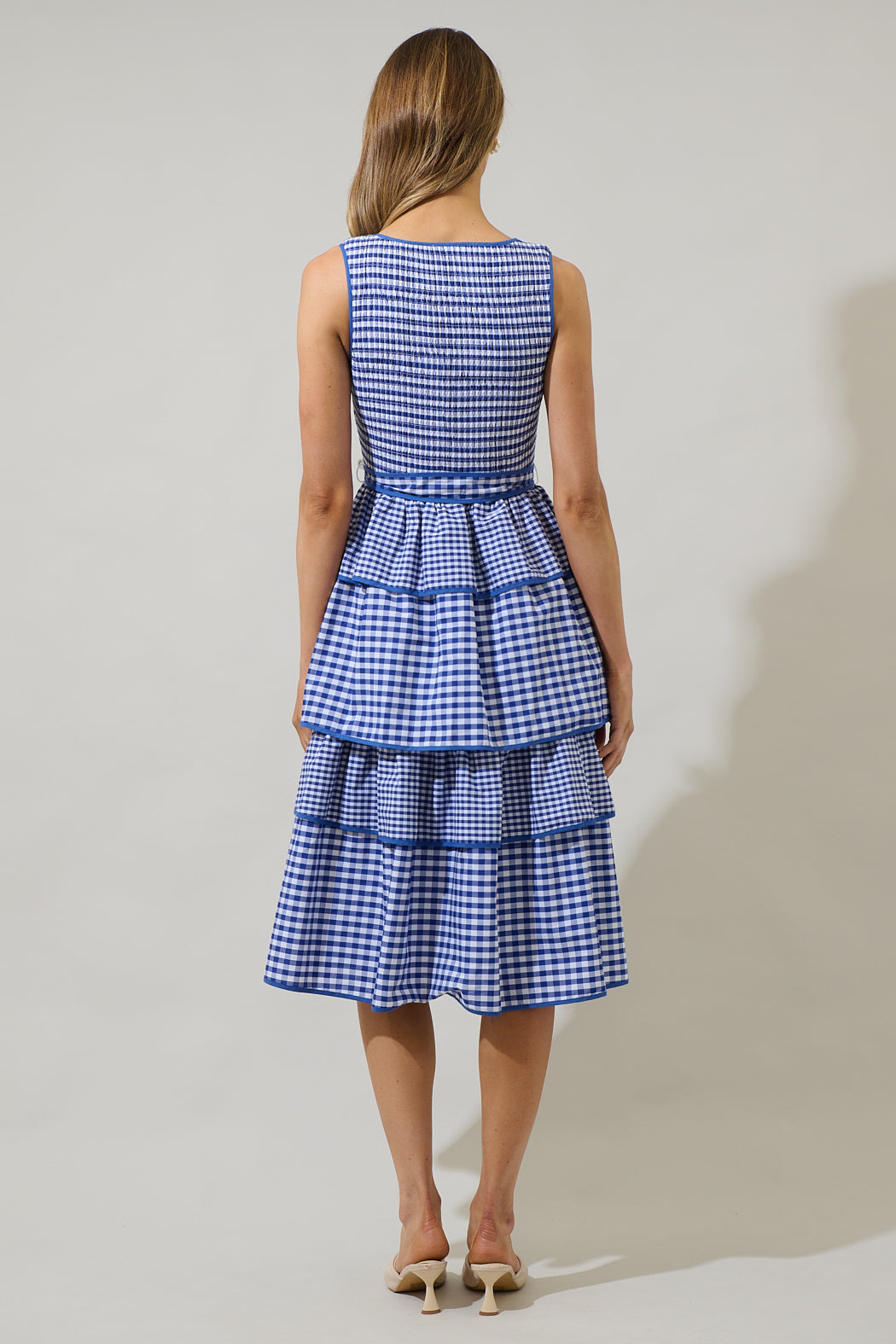 Sugarlips Vanna Checker Sally Scoop Neck Gingham Print Smocked Tassel Belt Tiered Ruffle Maxi Dress, Womens, L, Blue/White Sugarlips Vanna Checker Sally Scoop Neck Gingham Print Smocked Tassel Belt Tiered Ruffle Maxi Dress, Womens, L, Blue/White