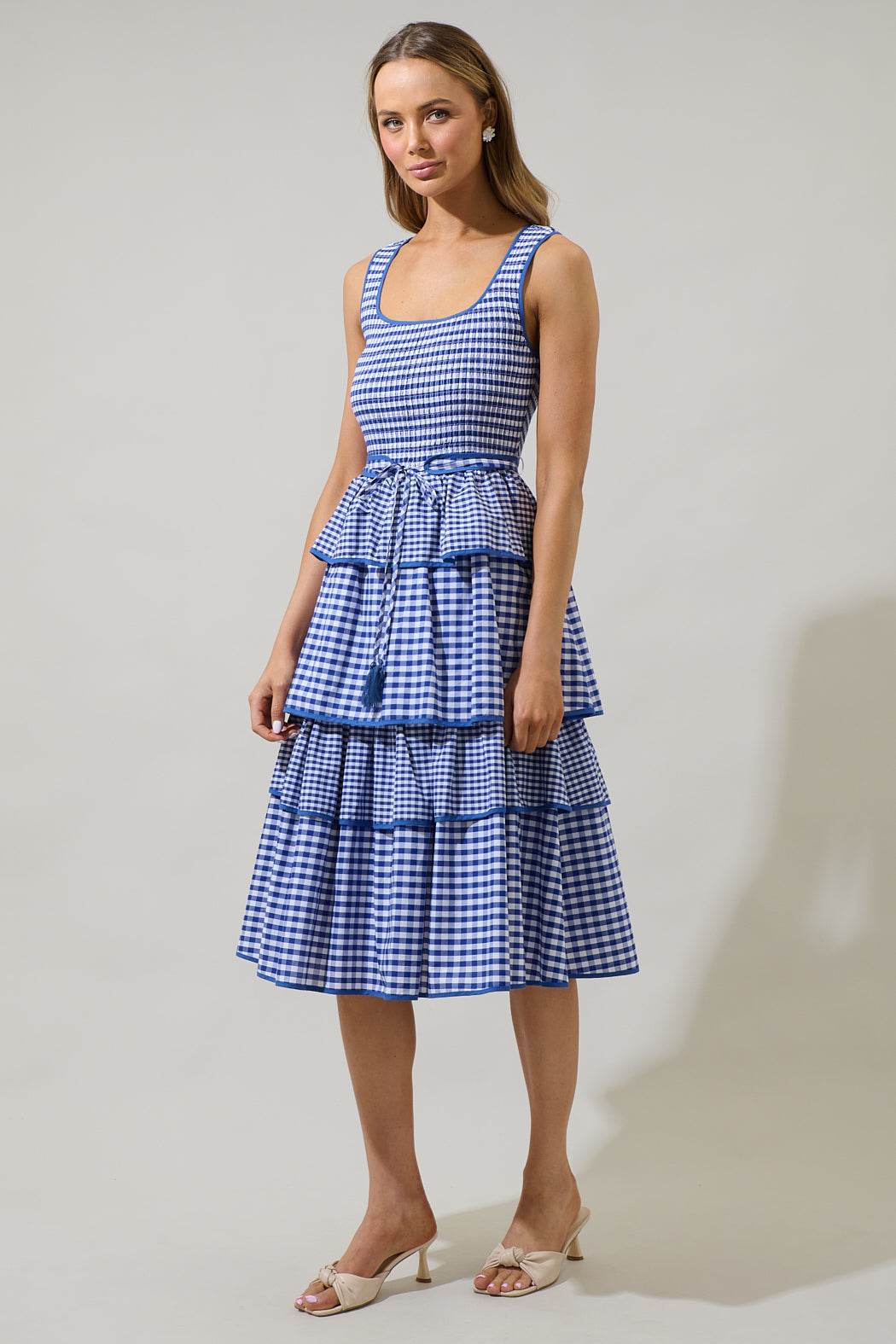 Sugarlips Vanna Checker Sally Scoop Neck Gingham Print Smocked Tassel Belt Tiered Ruffle Maxi Dress, Womens, L, Blue/White Sugarlips Vanna Checker Sally Scoop Neck Gingham Print Smocked Tassel Belt Tiered Ruffle Maxi Dress, Womens, L, Blue/White