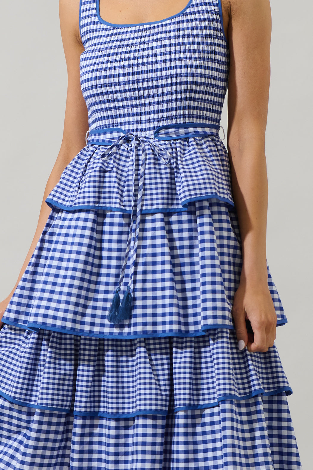 Sugarlips Vanna Checker Sally Scoop Neck Gingham Print Smocked Tassel Belt Tiered Ruffle Maxi Dress, Womens, L, Blue/White Sugarlips Vanna Checker Sally Scoop Neck Gingham Print Smocked Tassel Belt Tiered Ruffle Maxi Dress, Womens, L, Blue/White