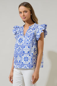 Arbor Tile Risette Ruffle Split Neck Top